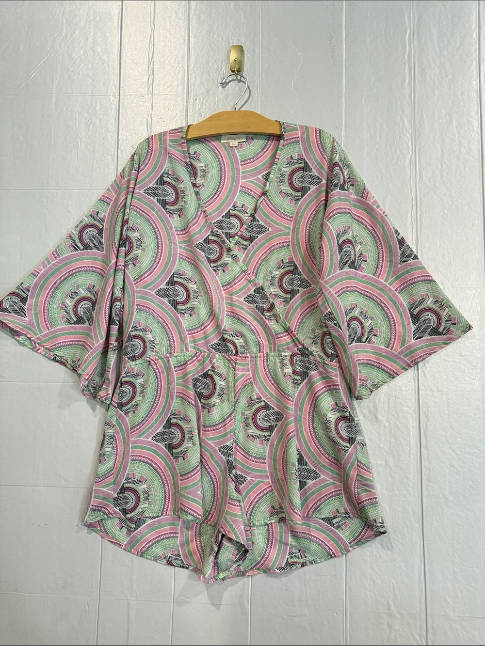 Elan Pink Green White Geometric Faux Wrap Romper